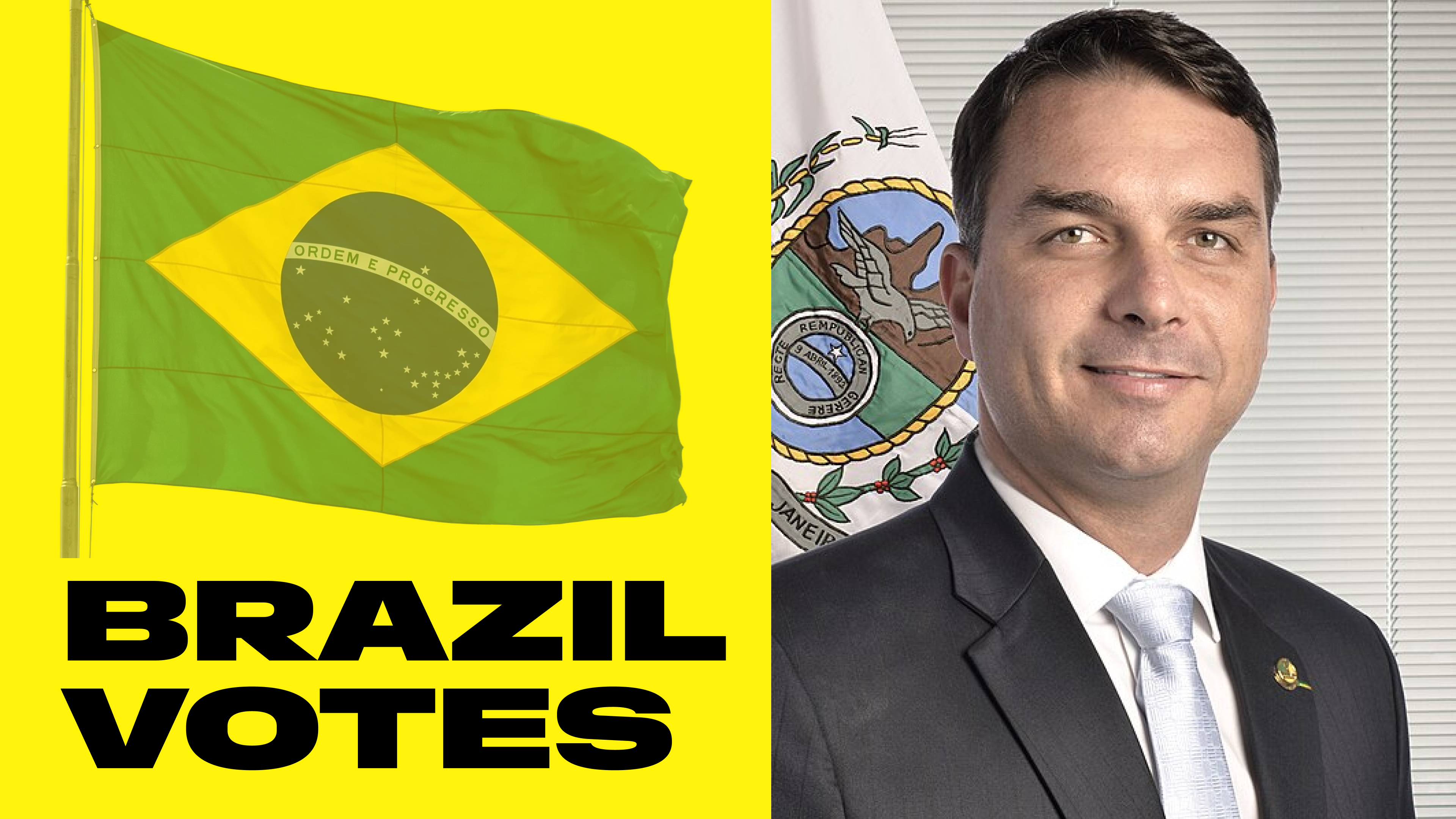 Brazil Votes: the Brazilian flag beside a portrait of Flavio Bolsonaro
