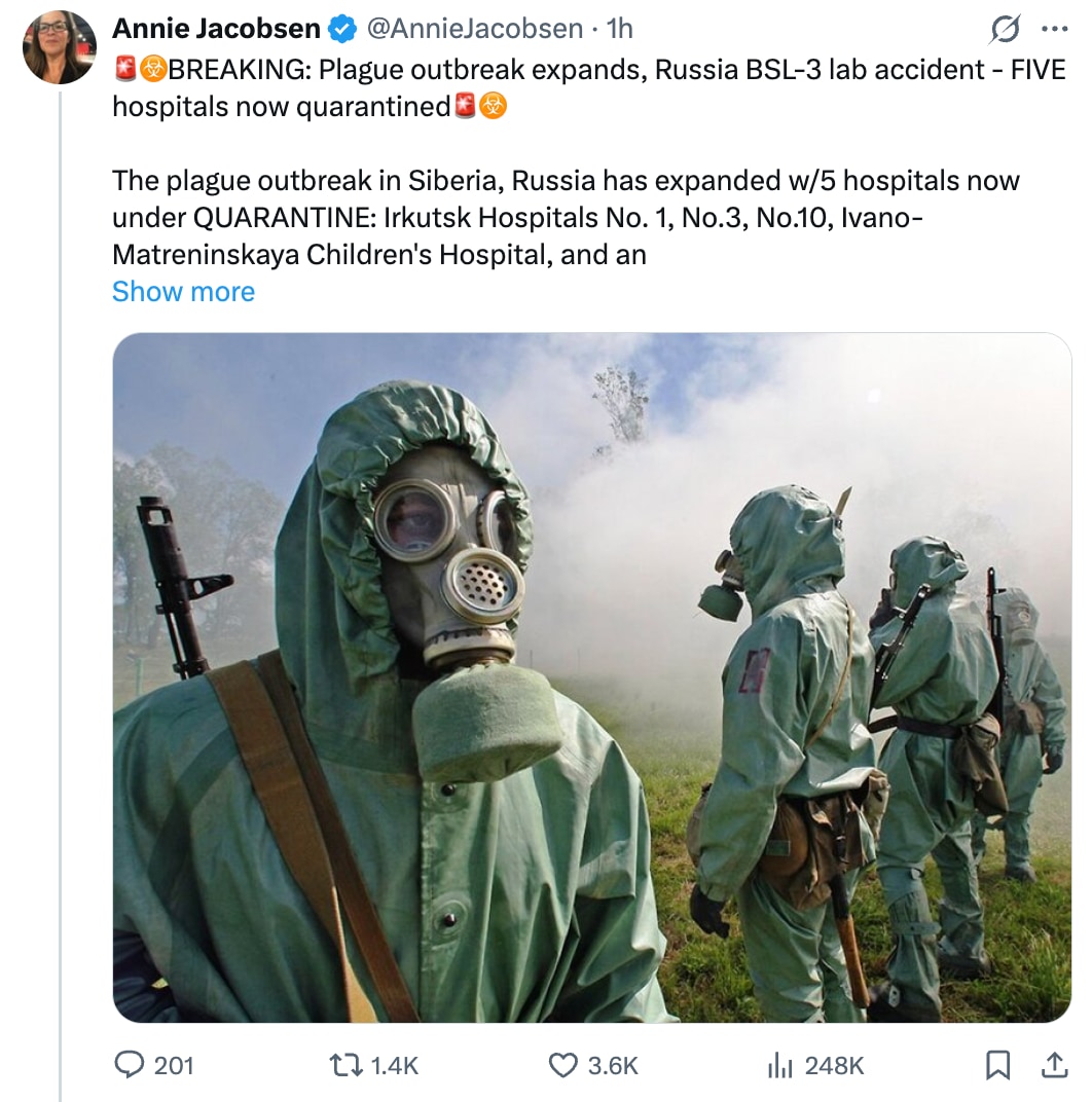 Annie Jacobsen: plague outbreak in Siberia expands, with five hospitals now quarantined