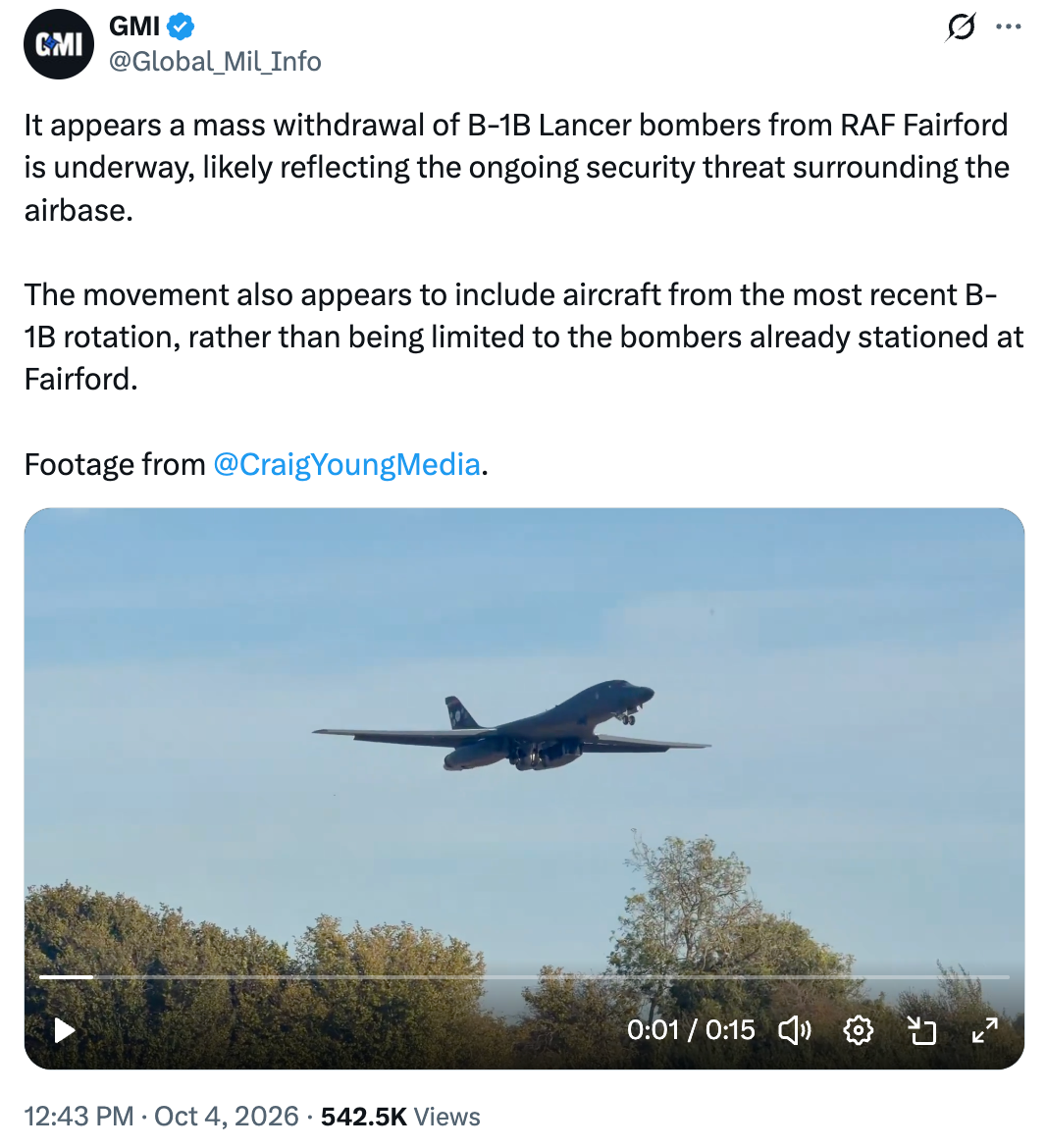 GMI: a B-1B Lancer bomber takes off as a mass withdrawal from RAF Fairford appears underway