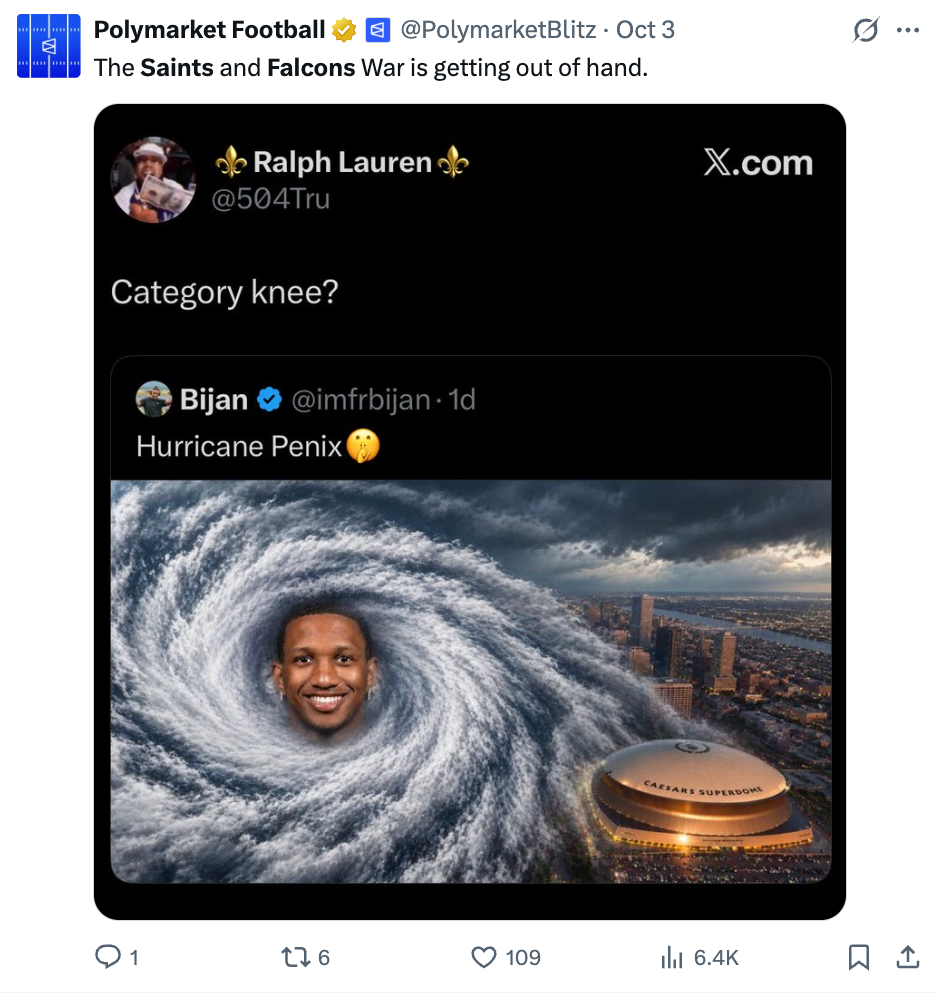 Polymarket Football: “Hurricane Penix” meme showing Michael Penix Jr. in a hurricane over the Caesars Superdome