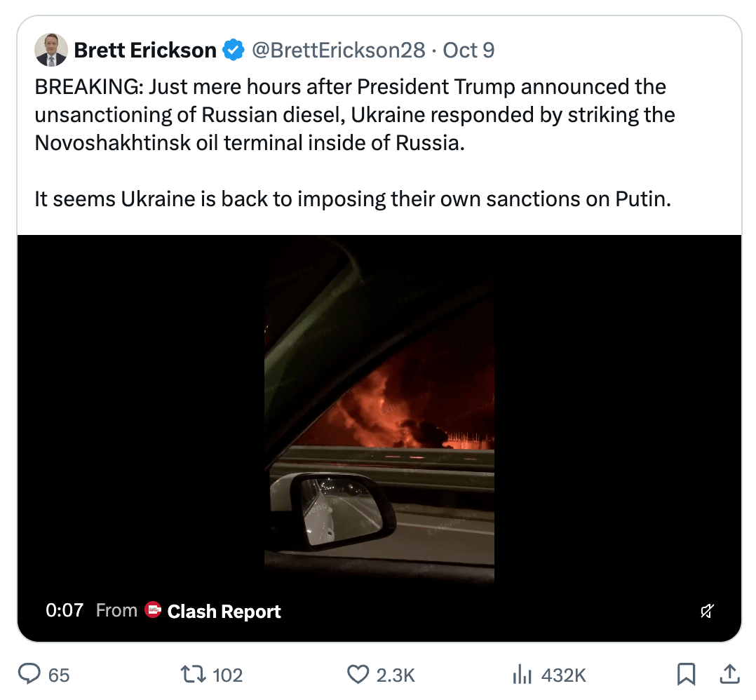 Brett Erickson: hours after Trump unsanctioned Russian diesel, Ukraine struck the Novoshakhtinsk oil terminal inside Russia; video of the fire at night