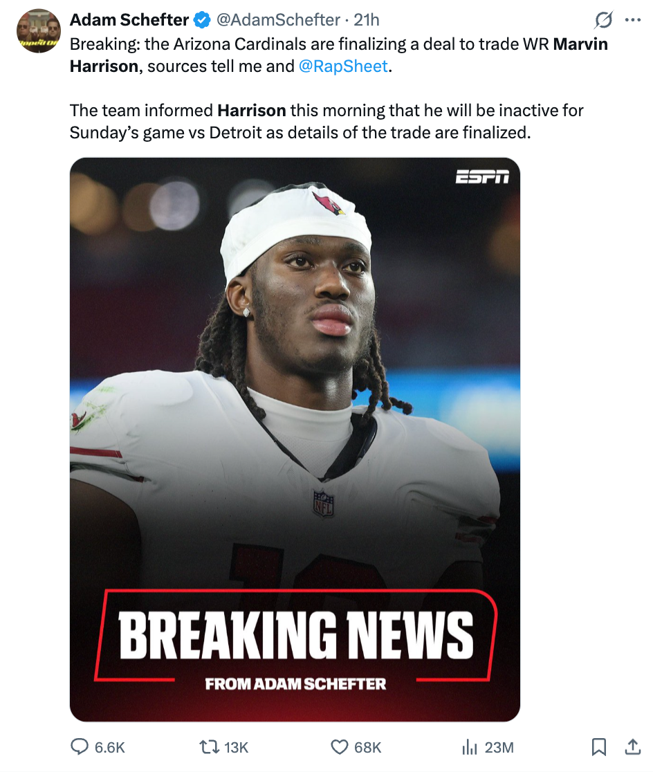 Adam Schefter: the Arizona Cardinals are finalizing a deal to trade WR Marvin Harrison Jr.; ESPN breaking news graphic